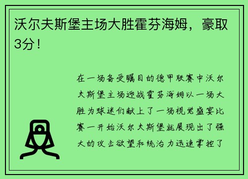 沃尔夫斯堡主场大胜霍芬海姆，豪取3分！