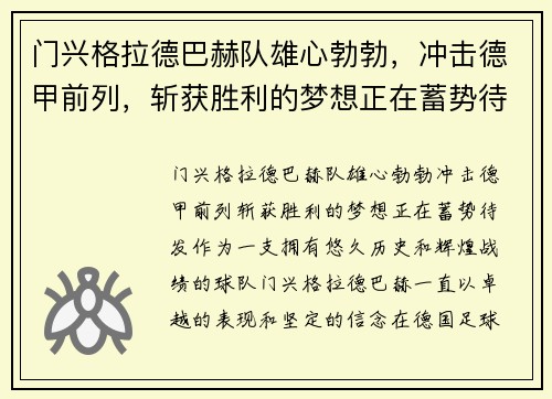 门兴格拉德巴赫队雄心勃勃，冲击德甲前列，斩获胜利的梦想正在蓄势待发!